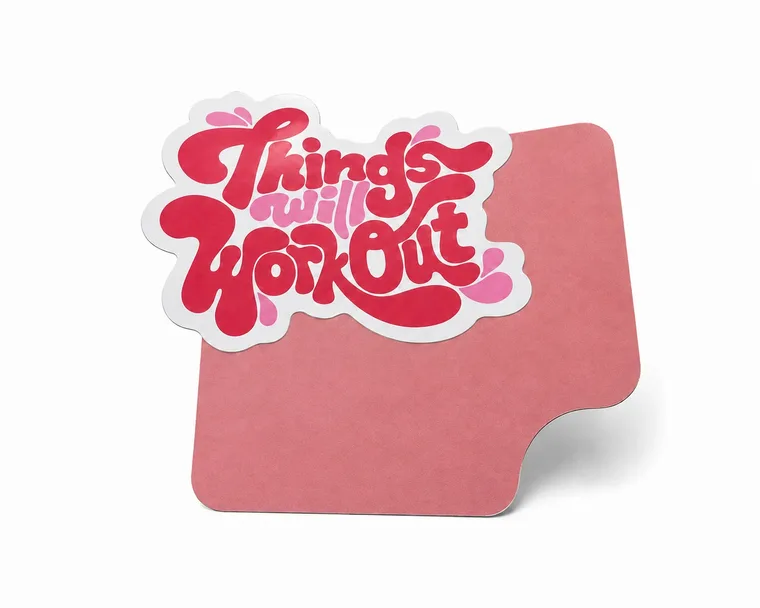 A 'Things will Work Out' sticker on the pink Vinyl sample card.