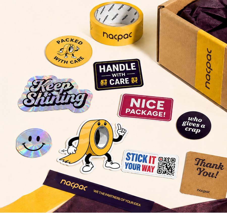 A spread of Nacpac stickers around an open shipping box: a holographic Keep Shining die-cut, a mirror-finish smiley, Handle With Care and Nice Package labels, a QR sticker, kraft thank-you cards and a roll of branded tape.