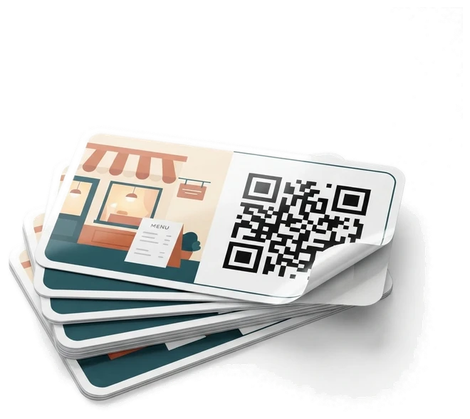A pile of QR stickers pairing a bakery illustration with a scannable code